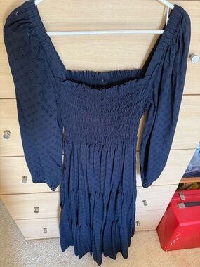 Madewell Navy Smocked Off-Shoulder Long Sleeve Midi Dress